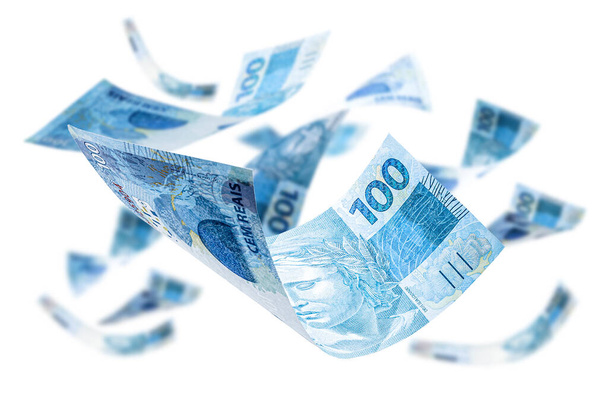 stock photo one hundred brazilian banknotes falling isolated white background spot focus