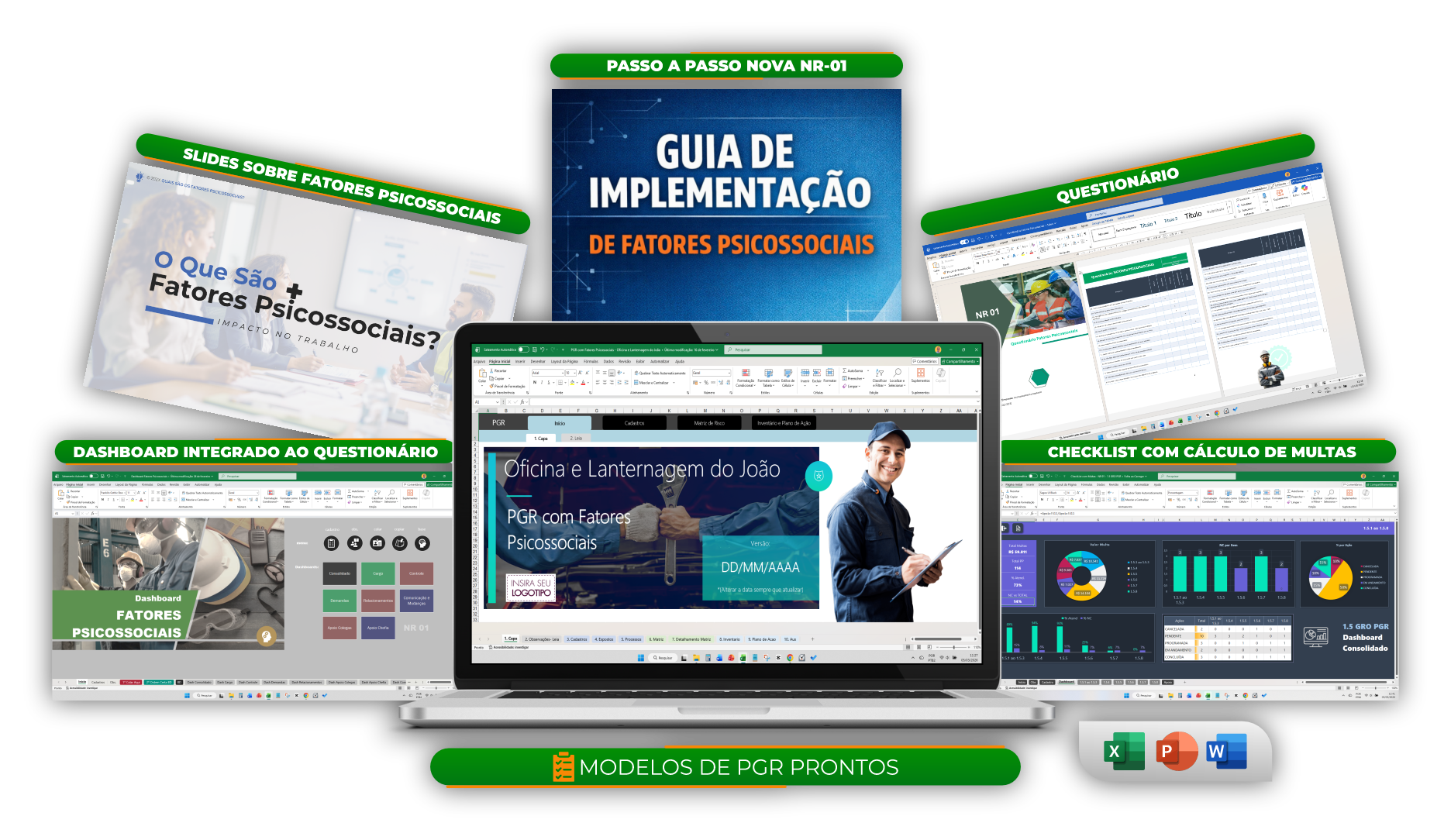Modelos de PGR Prontos, Questionário Fatores Psicossociais, Guia de Implementação, Dashboard Fatores Psicossociais e muito mais
